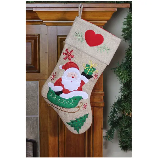 Northlight 19" Red and Green Santa Claus in Sleigh Embroidered Christmas Stocking {3}