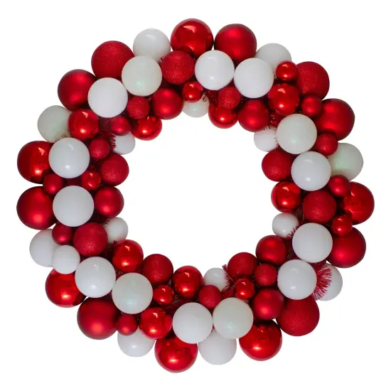 Northlight 3-Finish Shatterproof Ball Christmas Wreath - 24" - White and Red - Unlit {1}