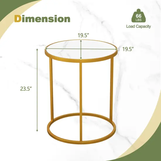 Marble Top Round Side Table 16-inch End Table With Golden Metal Frame-2 Pieces {5}