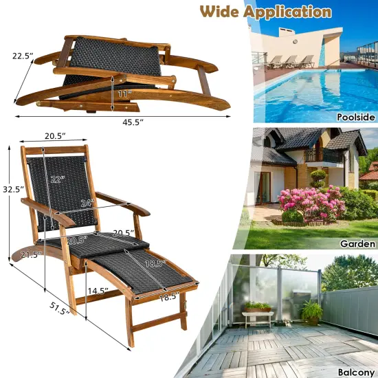 CostwayPatio Folding Rattan Lounge Chair Wooden Frame W/ Retractable Footrest {3}