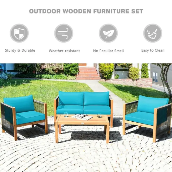 4 Pcs Acacia Wood Outdoor Patio Furniture Set with Cushions Turquoise {3}