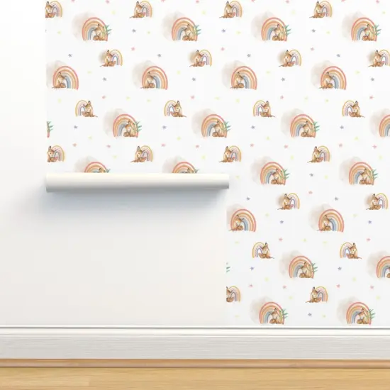 Pre-Pasted Wallpaper 2FT Wide Woodland Baby Cute Fawn Watercolor Rainbow Kids Forest Deer Animals Custom Pre-pasted Wallpaper by Spoonflower {2}
