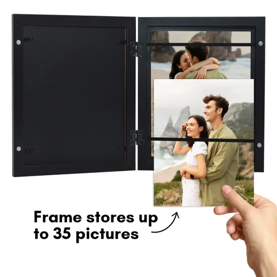 Americanflat Quick-Change Photo Storage Display Frame - Store up to 35 Pictures at Once with Elastic Strap Storage - Shatter Resistant Glass - Hanging Hardware - Includes Easel - Black {8}
