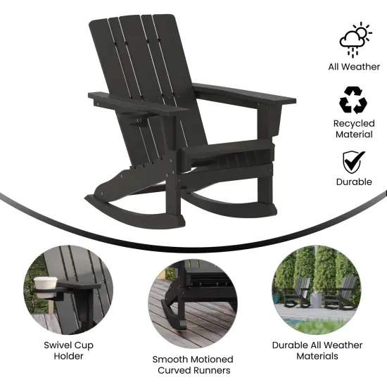 Merrick Lane Ridley HDPE Adirondack Chair with Cup Holder and Pull Out Ottoman, All-Weather HDPE Indoor/Outdoor Chair Black {2}