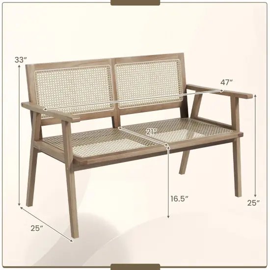 Costway Indonesia Teak Wood Garden Bench 2-Person Bench with Armrests Natural Rattan Backrest & Seat {3}