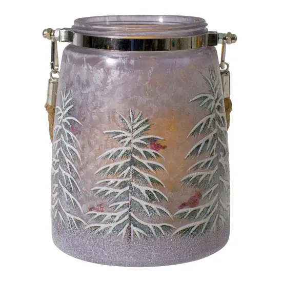 Northlight 6.25" Hand-Painted Pine Trees and Cardinals Flameless Glass Christmas Candle Holder Silver {7}
