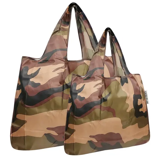Wrapables Large & Small Foldable Tote Nylon Reusable Grocery Bags, Set of 2 Camo {1}