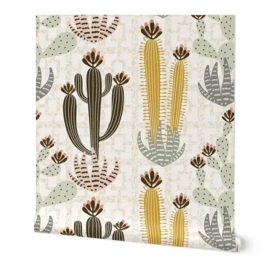 Peel & Stick Wallpaper 2FT Wide Cactus Neutral Large Scale Western Desert Succulent Plant Botanical Floral Custom Removable Wallpaper by Spoonflower {7}