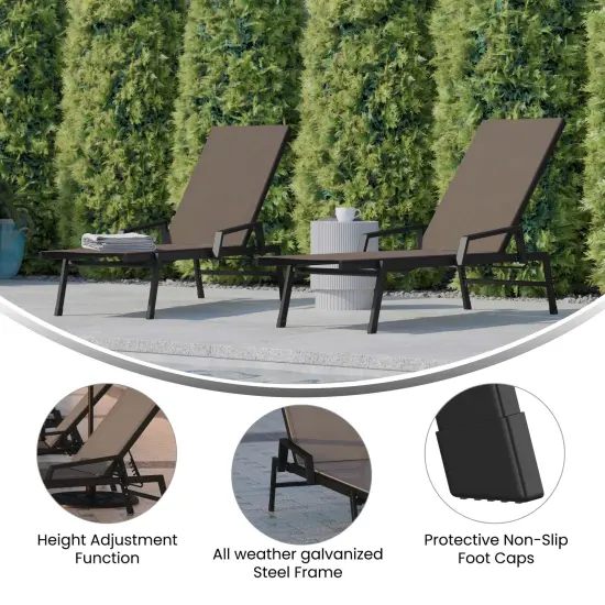 Emma and Oliver Braelin Set of 2 Textilene Adjustable 5 Position Patio Chaise Lounge with Armrests and Metal Frame Black/Brown {2}