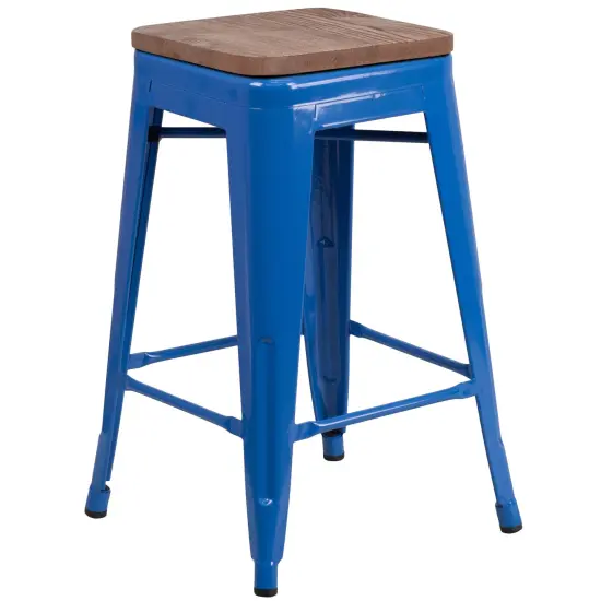 Merrick Lane Dalton Series Backless Metal Dining Stool with Wooden Seat for Indoor Use Blue {2}
