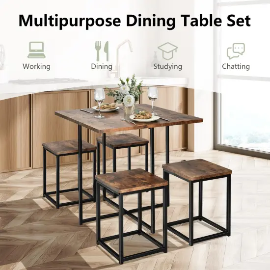 5 Pieces Metal Frame Dining Set with Compact Dining Table and 4 Stools Walnut - Black {5}