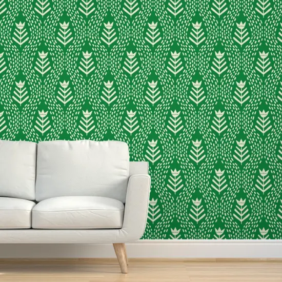 Pre-Pasted Wallpaper 2FT Wide Simple Floral Rustic Botanical Hand Drawn Green And Cream Tulip Custom Pre-pasted Wallpaper by Spoonflower {5}