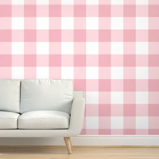 Peel & Stick Wallpaper 2FT Wide Pink Retro Gingham Check Fun Bright Country Cottagecore Farmhouse Pinic Custom Removable Wallpaper by Spoonflower {5}