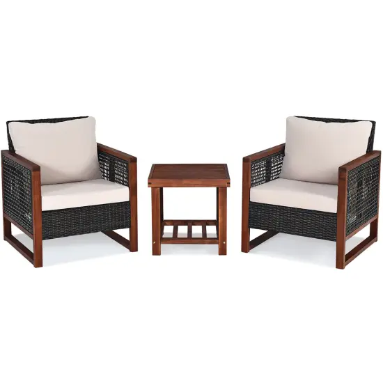 Costway 3PCS Patio Wicker Furniture Set Solid Wood Frame Cushion Sofa w/ Square Table Shelf {5}