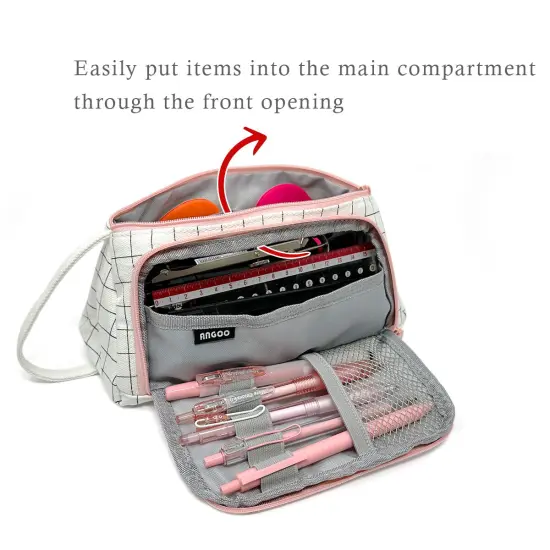 Wrapables Large Capacity Pencil Case, Portable Pencil Pouch for Stationery Office Supplies Pink White {3}