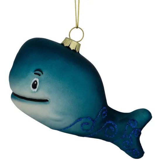 Northlight Glittered Whale Glass Christmas Ornament - 4" - Teal Blue {1}