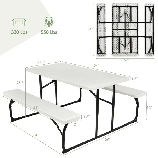 Costway Folding Picnic Table & Bench Set for Camping BBQ w/ Steel Frame White/Balck {5}