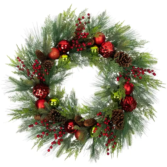 Northlight Real Touch&trade; Berries, Pinecones and Ornaments Artificial Christmas Wreath - 36" - Unlit Green {1}