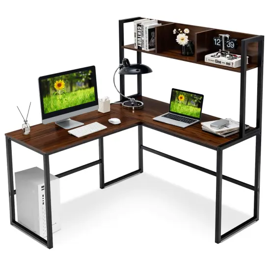 Costway 55''L-Shaped Desk Corner Computer Desk Writing Workstation Table w/Hutch {7}