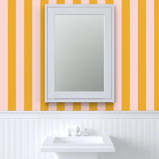 Peel & Stick Wallpaper 2FT Wide Pink Bold Stripe Yellow Coastal Beach Citrus Lemon Candy Large Scale Custom Removable Wallpaper by Spoonflower {6}