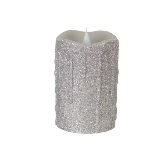 Melrose 5.25" Pre-Lit Silver Glittering Flameless LED Christmas Pillar Candle {1}