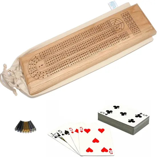 WE Games Deluxe Cribbage Set - Solid Wood Continuous 3 Track Board with Easy Grip Pegs, Deck of Cards & Canvas Storage Bag {1}