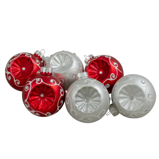 Northlight Jewel Retro Reflector Glass Christmas Ball Ornaments - 3.25" (82mm) - Red and Silver - 6ct {1}