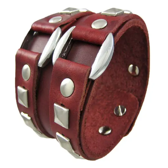 Brown Leather Double Chrome O Ring Wristband Bracelet {4}