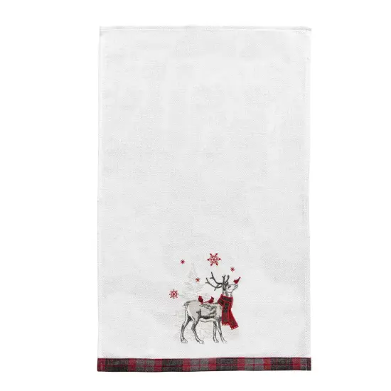 27" x 18" Frosty Deer White Deer Wearing Red & Black Plaid Scarf Christmas Holiday Embellished Flour Sack Kitchen Dish Towel {1}