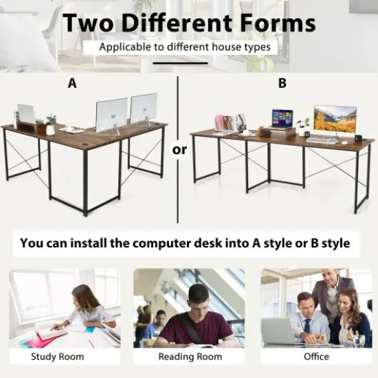 2-Person L-Shaped Long Reversible Computer Desk with Monitor Stand and Steel Frame Rustic Brown {3}