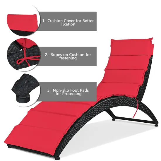 Costway 2PCS Folding Patio Rattan Lounge Chair Chaise Cushioned Portable Garden Lawn Red {6}