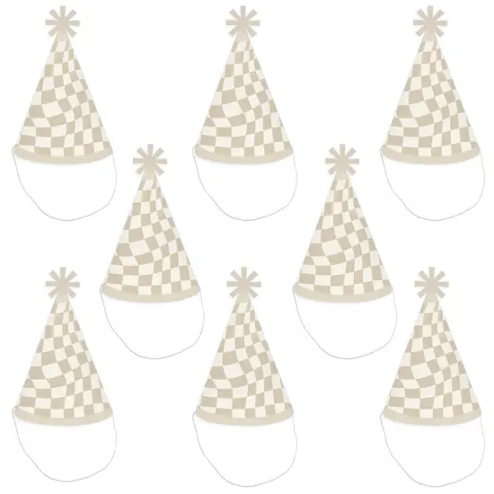 Big Dot of Happiness Tan Checkered Party - Cone Happy Birthday Party Hats for Kids and Adults - Set of 8 (Standard Size) {7}