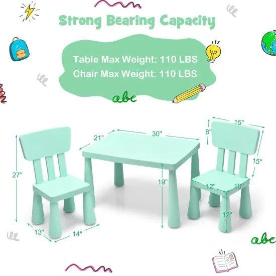 3 Pieces Toddler Multi Activity Play Dining Study Kids Table and Chair Set Green {3}