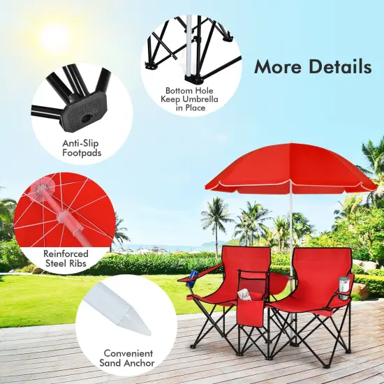 Portable Folding Picnic Double Chair With Umbrella Red {5}