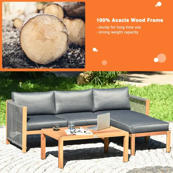 3 Piece Patio Acacia Sofa Set With Nylon Armrest Grey {2}