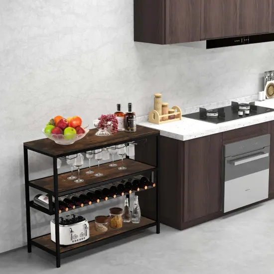 Costway Rustic Wine Rack Table 13 Bottles Wine Bar Cabinet Freestanding with Glass Holder {3}