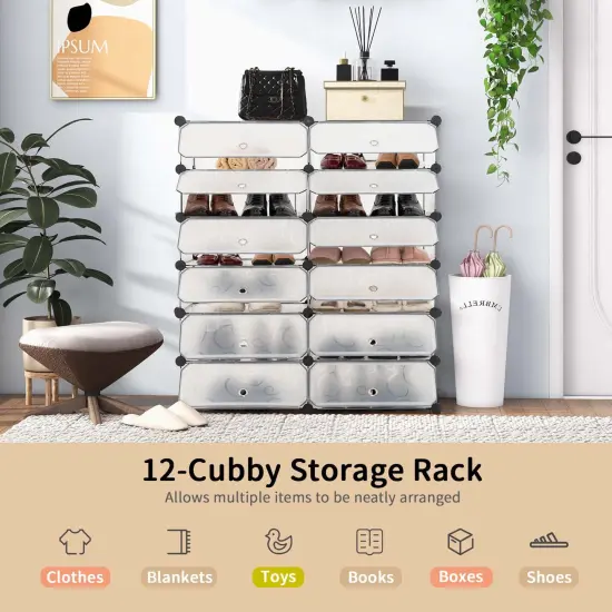 Costway Shoe Rack 12-Cube DIY Plastic Shoe Cabinet Multi Use Modular Closet Shelf White {6}