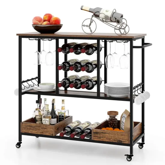 Costway 3 Tiers Bar Cart Home Serving Cart on Wheels with Glass Racks Wine Holders Rustic Brown/Vintage Brown {7}