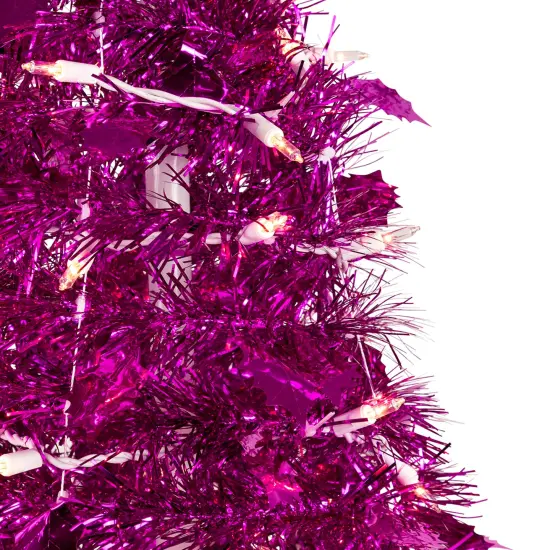 Northlight 6' Pre-Lit Pink Tinsel Pop-Up Artificial Christmas Tree, Clear Lights {4}