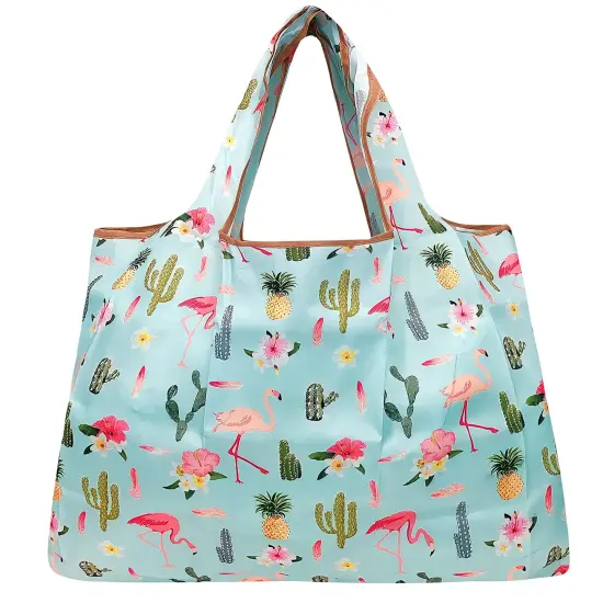 Wrapables Large Foldable Tote Nylon Reusable Grocery Bag Flamingoes & Cacti {2}