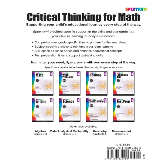 Spectrum Grade 8 Critical Thinking for Math Workbook, Mathematics Middle School Books Covering Geometry, Pythagorean Theorem, Linear Equations, and More, Classroom or Homeschool Curriculum {2}