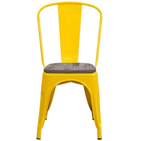 Merrick Lane Amsterdam Series Dining Chair - Blue Metal Frame - Textured Wooden Seat - Slatted, Curved Back Yellow {3}