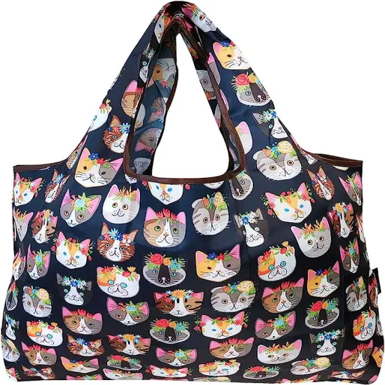 Wrapables Large Foldable Tote Nylon Reusable Grocery Bags, 5 Pack Cats Everywhere {2}