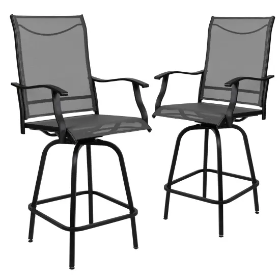 Merrick Lane Set of 2 Brett High Back Bar Height Swivel Patio Stools with Powder Coated Metal Frames and Textilene Upholstery Gray {1}