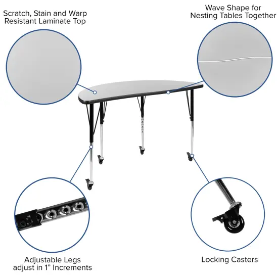 Emma and Oliver 3 Mobile Piece 76" Oval Wave Collaborative Grey Adjustable Activity Table Set {3}