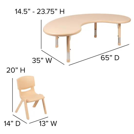 Emma and Oliver 35"W x 65"L Half-Moon Plastic Height Adjustable Activity Table Set with 4 Chairs Natural {5}