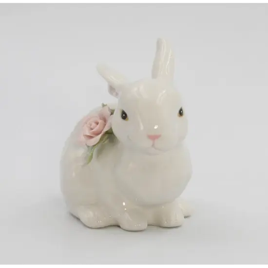 Springtime Bunnies: Easter Bunny Rabbit Crouching with Pink Rose Flower Figurine {3}