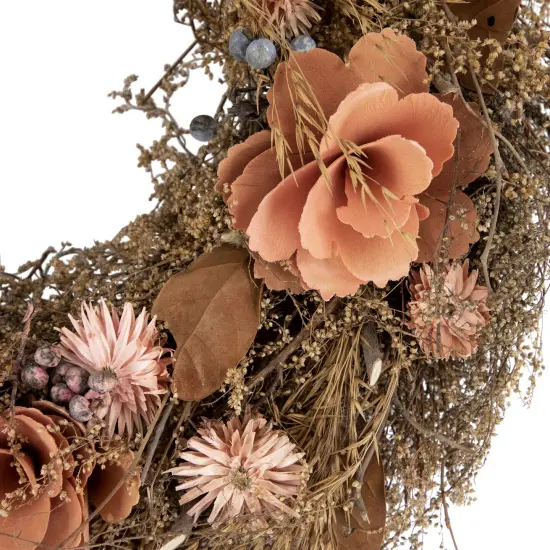 Northlight Orange and Coral Pink Twig and Floral Autumn Harvest Wreath, 13.75-Inch, Unlit {3}