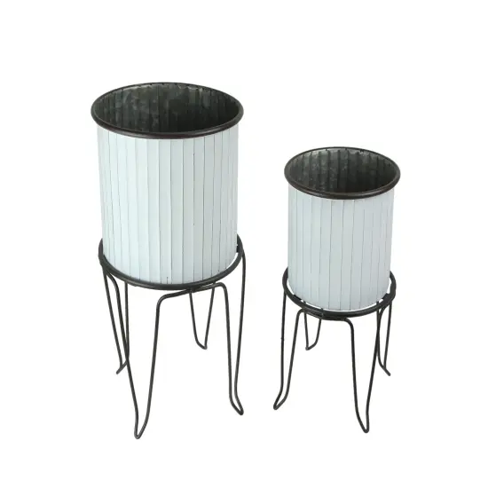 Set of 2 White / Charcoal Round Metal Tub Planters On Stands {1}