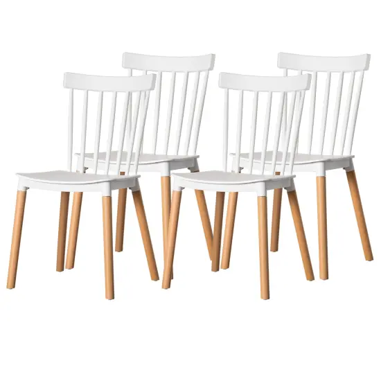Modern Plastic Dining Chair Windsor Design with Beech Wood Legs Set of 4 White {1}